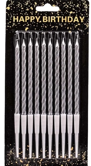 Birthday candle set of 10 pieces for parties, silver and white
